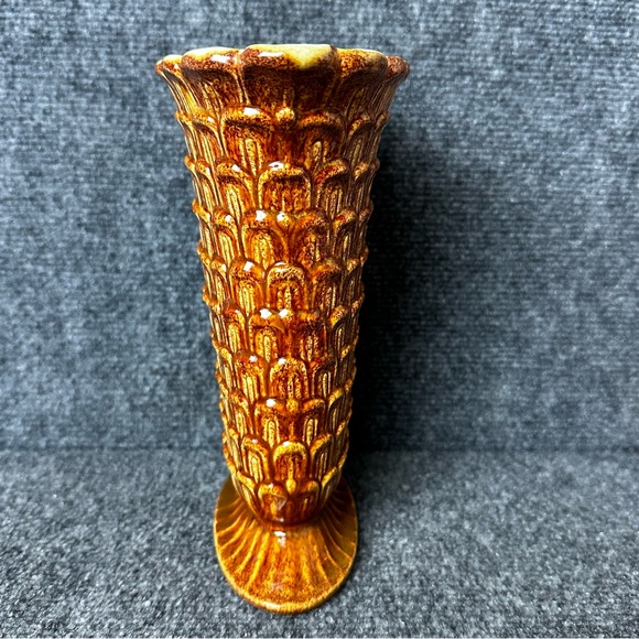 Vintage 1940s Red Wing Pottery footed vase 1157 textured scales brown gold boho - Picture 5 of 10